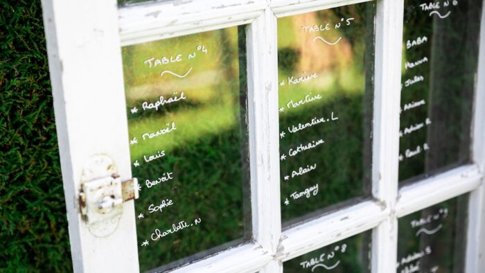 Plan de table personnalisable avec vieilles fenêtres à la location pour le mariages, événements, anniversaires, fête de familles, séminaires, bohèmes