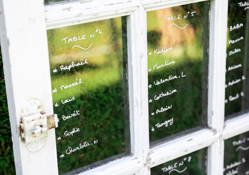 Plan de table personnalisable avec vieilles fenêtres à la location pour le mariages, événements, anniversaires, fête de familles, séminaires, bohèmes