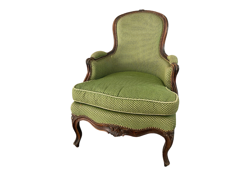 Location fauteuil crapaud en tissu vert pour les événements style bohème, anniversaire, cocktails de mariage, soirées d'entreprise, garden party, château