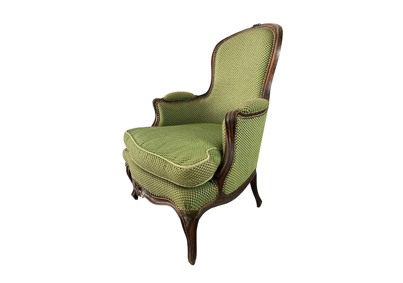 Location fauteuil crapaud en tissu vert pour les événements style bohème, anniversaire, cocktails de mariage, soirées d'entreprise, garden party, château