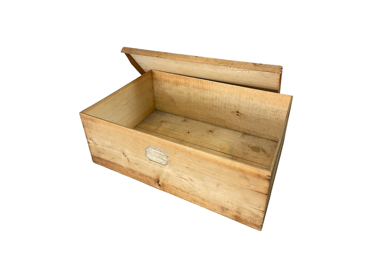 Location caisse bois vintage pour les événements avec couvercle, bois clair, événements bohèmes