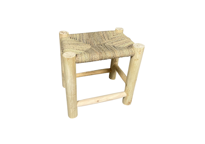 Location tabouret marocain événements, tabouret en bois et fibres de palme tressées, décor bohème, décor oriental